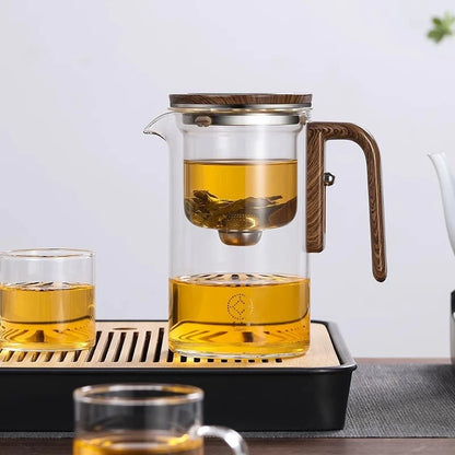 One Click Magnetic Teapot Separation Filtration Glass Tea Pot Wood Handle Tea Water Separation Inner Container Teapot