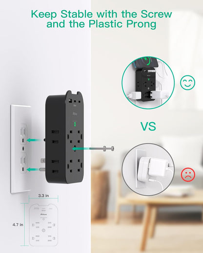 Outlet Extender - Wall Surge Protector with 8 Outlets 3 USB 2 USB C, 1 USB a Multi Plug Outlet Splitter, Wall Mount Adapter with Top Phone Holder for Home, School, Office 1800 Joules, Black