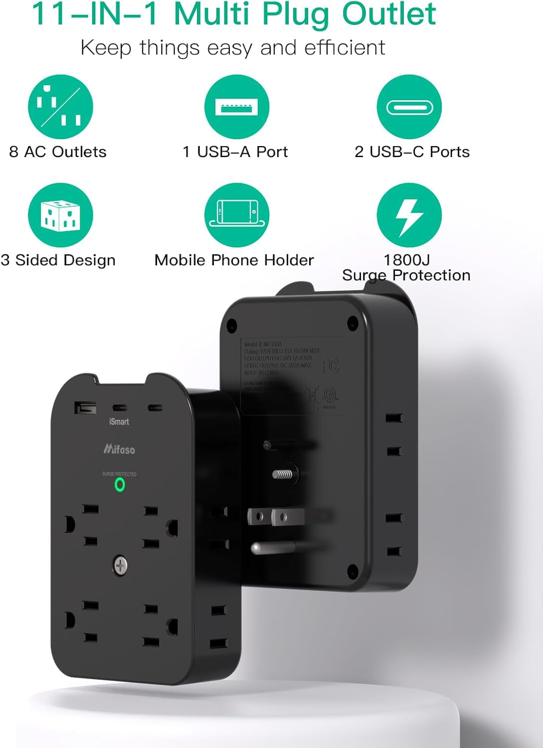 Outlet Extender - Wall Surge Protector with 8 Outlets 3 USB 2 USB C, 1 USB a Multi Plug Outlet Splitter, Wall Mount Adapter with Top Phone Holder for Home, School, Office 1800 Joules, Black