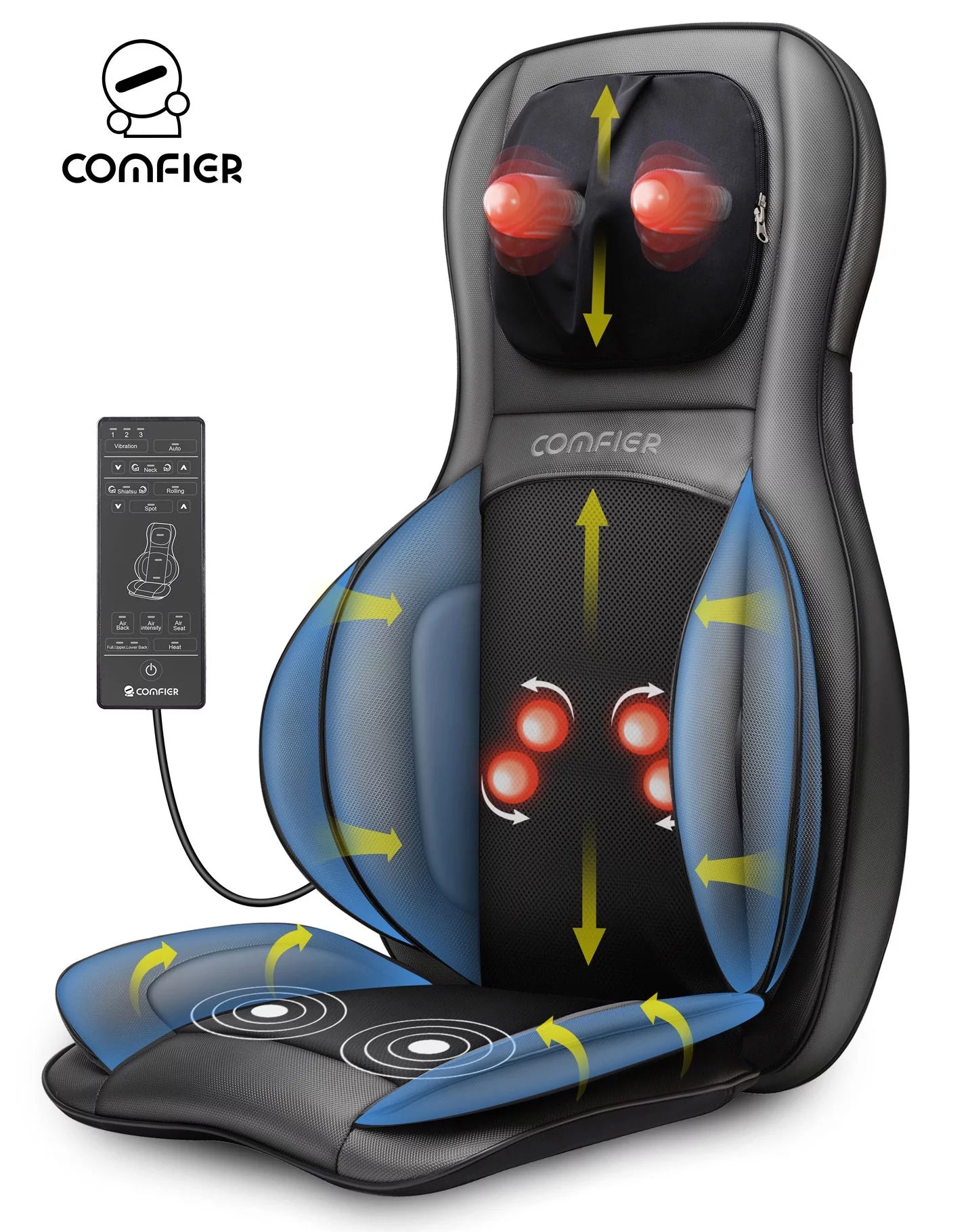 Shiatsu Neck Back Massager, 2D/3D Kneading Massage Chair Pad, Heating Compression Seat Cushion Massagers, Ideal Gifts - Black