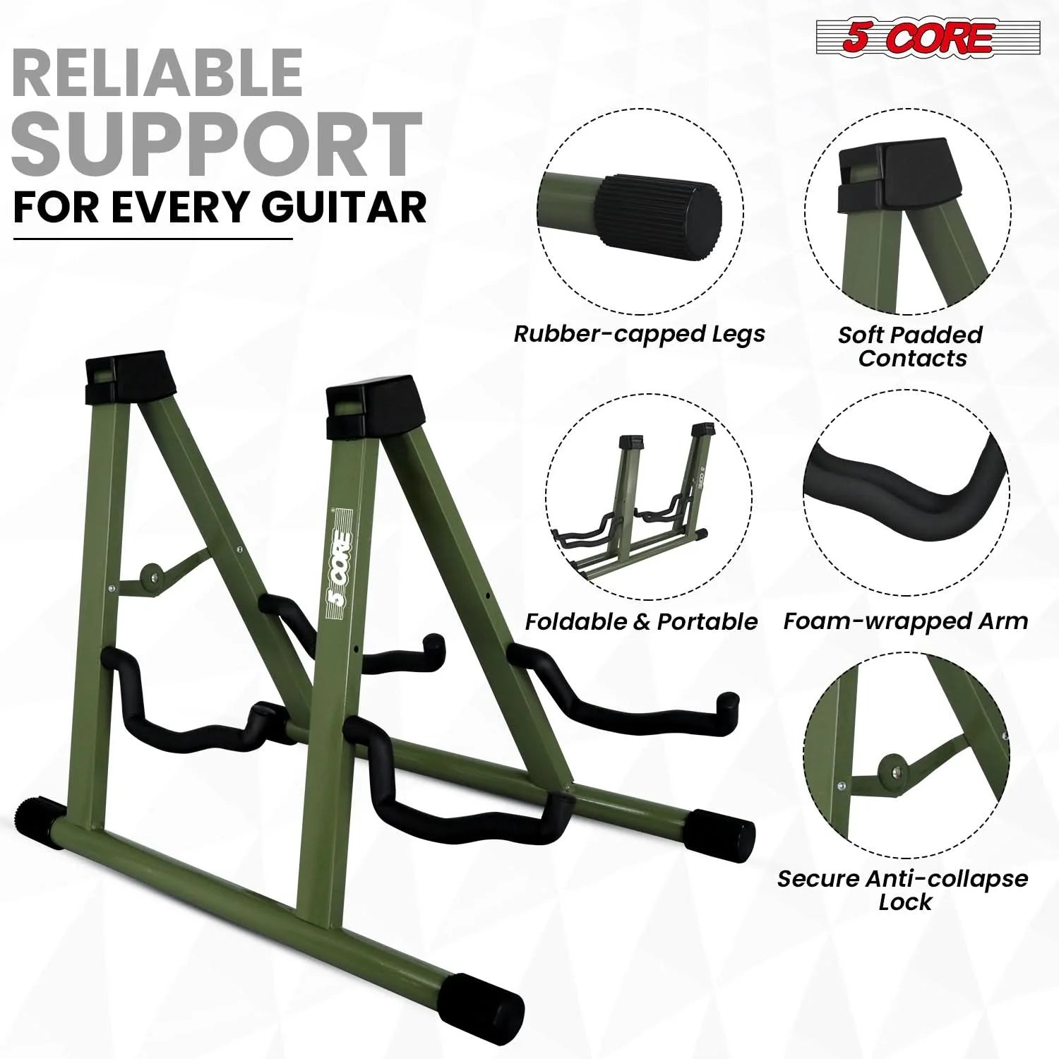 5Core Double Guitar Stand Floor Adjustable a Frame Folding Acoustic Electric Guitars Holder Stands