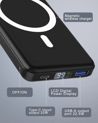 Wireless Portable Charger, 10000Mah Magnetic Power Bank LED Display 22.5W PD Fast Charging Battery Pack for Iphone 16/15/14/13/12/Mini/Pro/Pro Max-Black