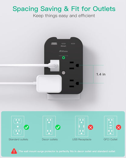 Outlet Extender - Wall Surge Protector with 8 Outlets 3 USB 2 USB C, 1 USB a Multi Plug Outlet Splitter, Wall Mount Adapter with Top Phone Holder for Home, School, Office 1800 Joules, Black